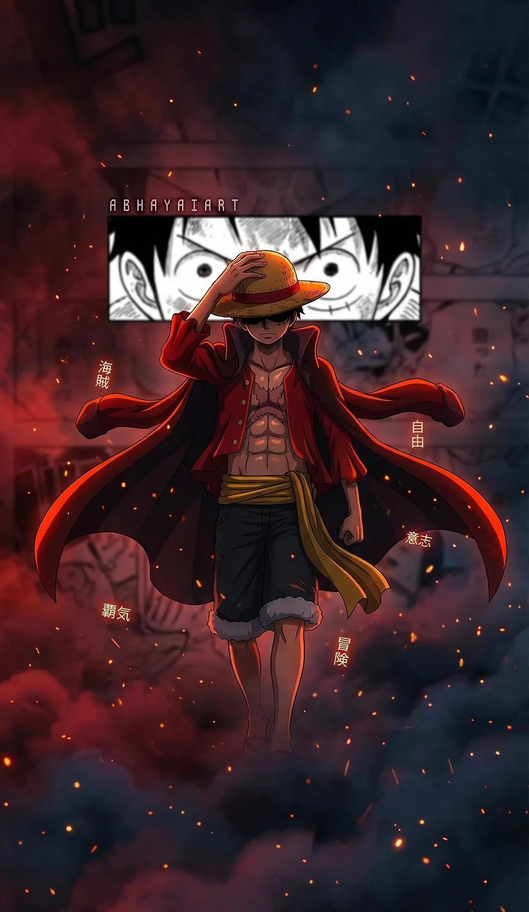 Luffy in his red coat among embers