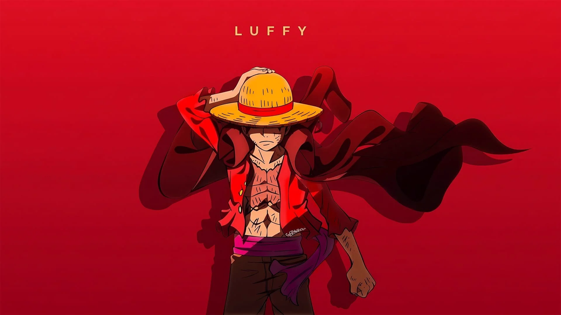 Luffy holding his hat against a red sky