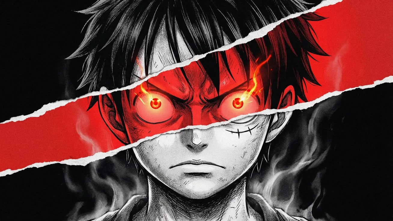 Luffy's face torn between ink and red